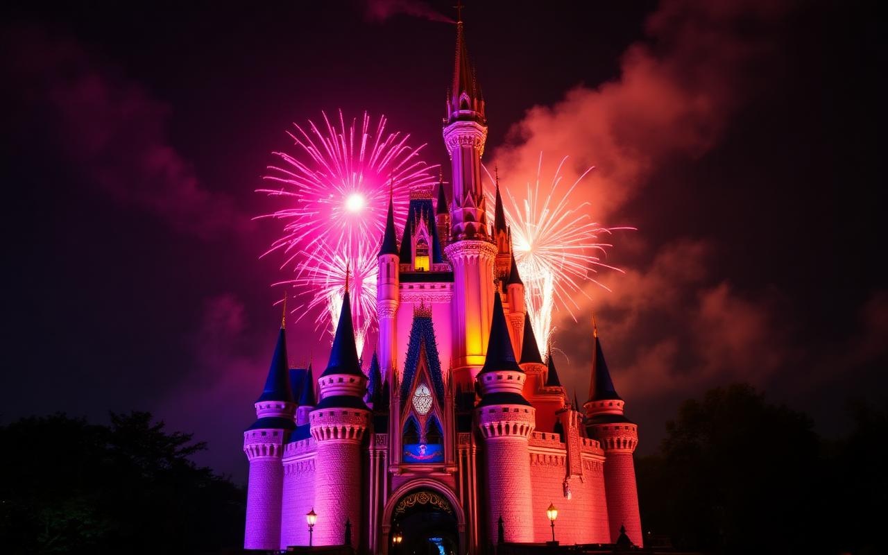 Castelo da Disney com fogos de artifício em Orlando