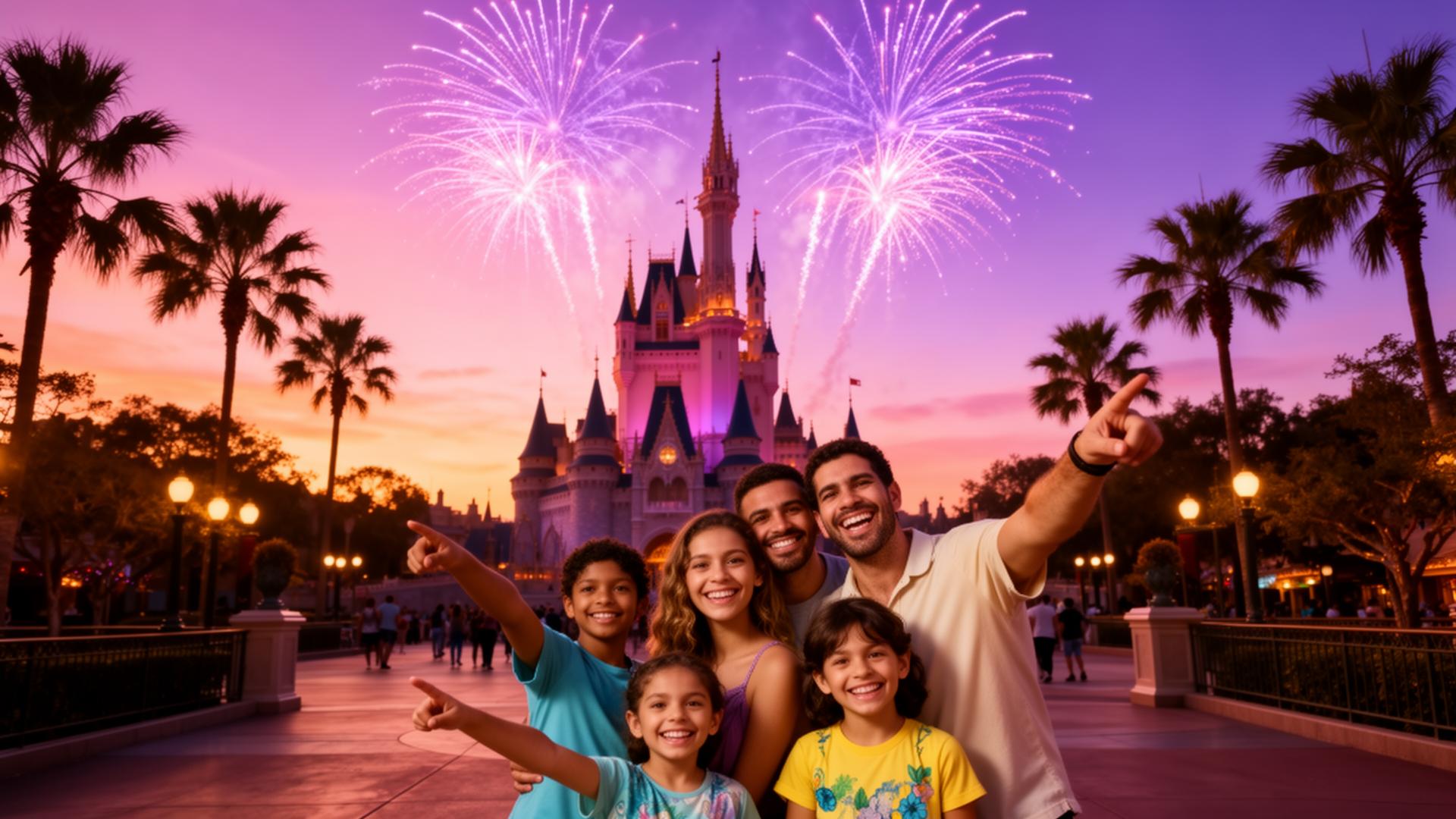 Família feliz em frente ao castelo da Disney em Orlando ao entardecer