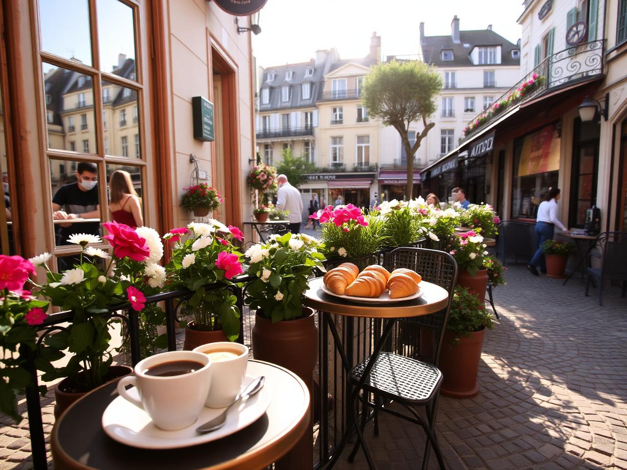 Café parisiense com croissants e mesas na calçada em Montmartre