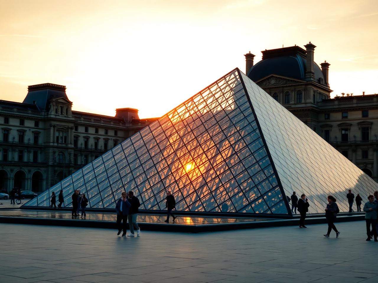 Pirâmide de vidro do Museu do Louvre ao pôr do sol