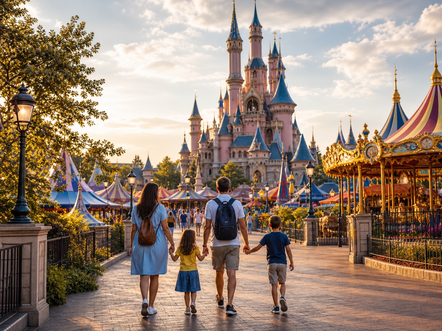 Família em parque temático europeu com castelo de conto de fadas
