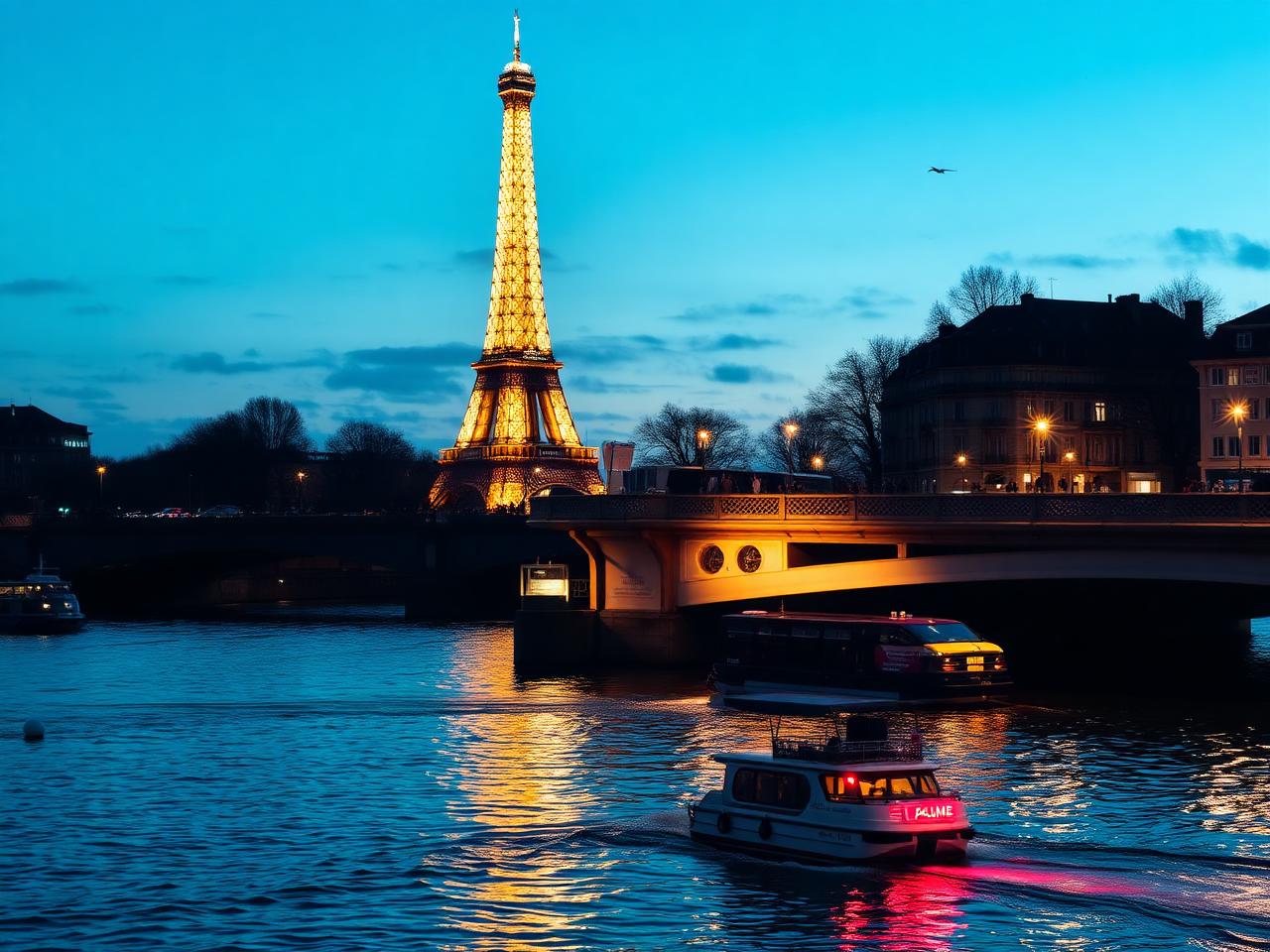 Torre Eiffel iluminada vista do Rio Sena ao anoitecer