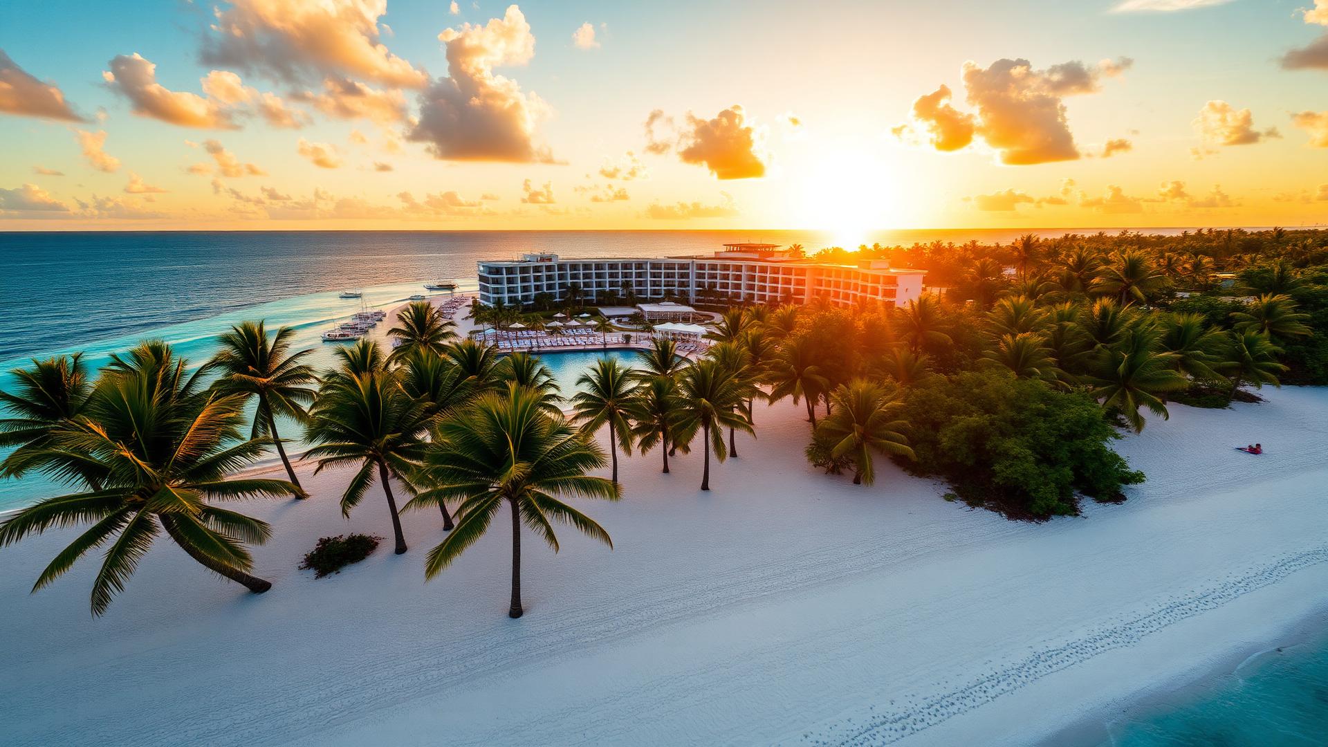 Praia paradisíaca em Punta Cana com mar azul e palmeiras ao entardecer