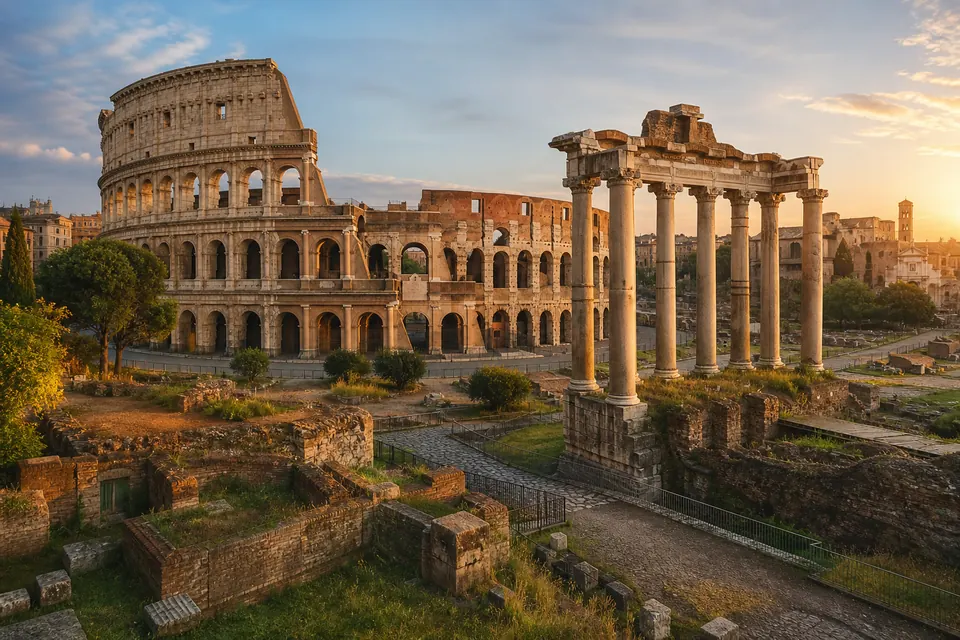 Coliseu e Fórum Romano iluminados pelo sol do fim da tarde